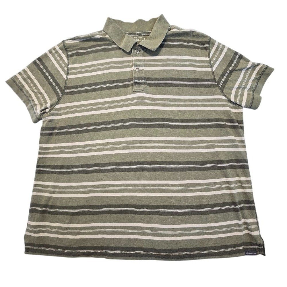 Eddie Bauer Polo Shirt Mens 2XL Green Striped Outdoor Casual Gorpcore Dadcore